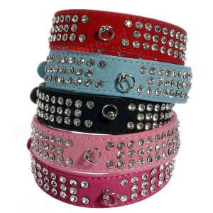Pet Li ציוד ואביזרים לכלב קולר לכלב Pet Puppy Dog Suede Leather 3 Rows Diamante Crystal Rhinestone Collar