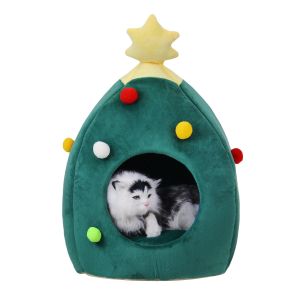 Pet Li ציוד ואביזרים לכלב מיטות לכלב Cute Christmas Cat Nest Soft Dog Cat Bed House Tree Shape Pet Bed Mat Winter Cat Tent